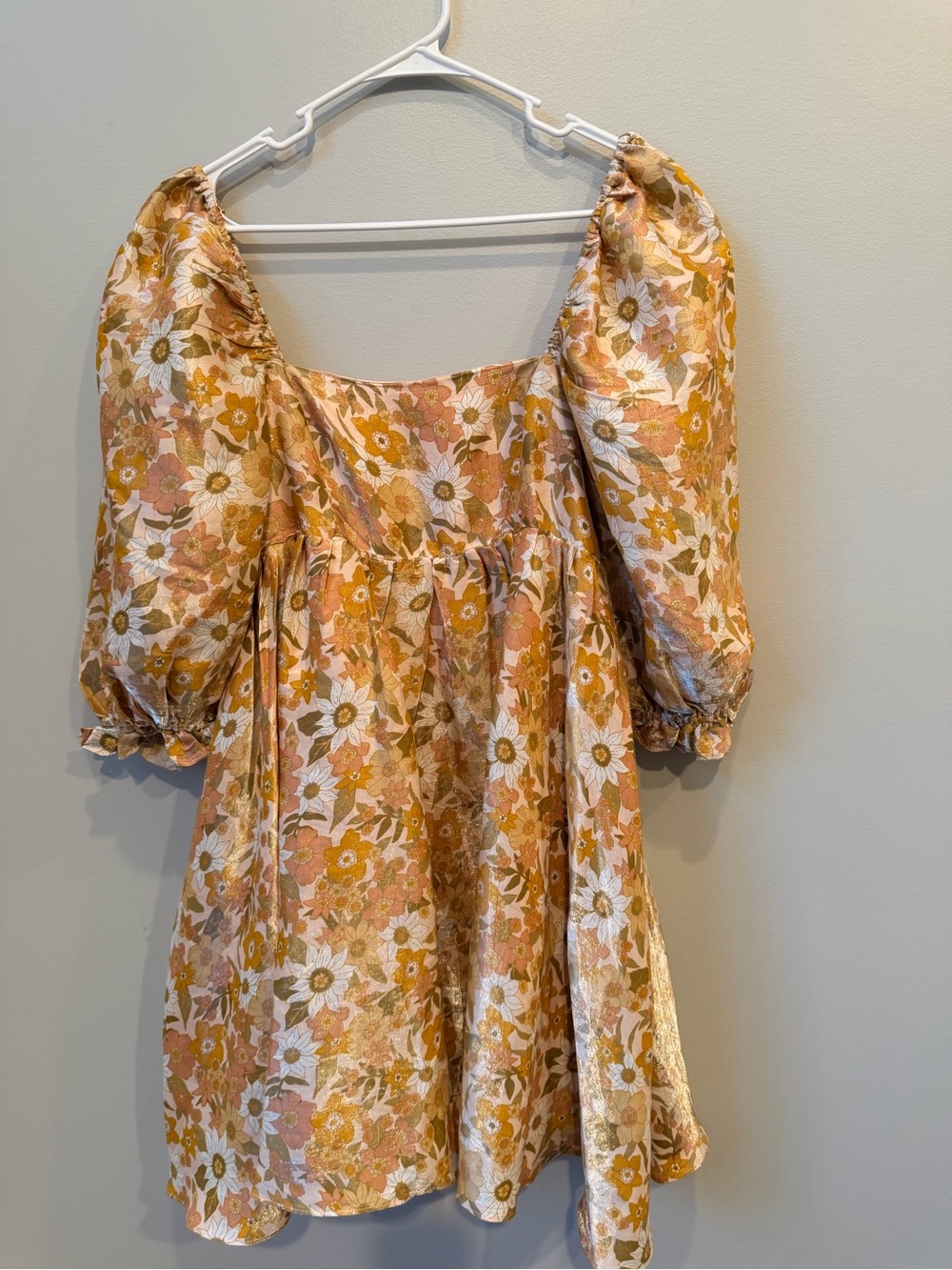 Storia Medium Shimmering Floral Babydoll Mini Dress Puff Sleeves Cottagecore